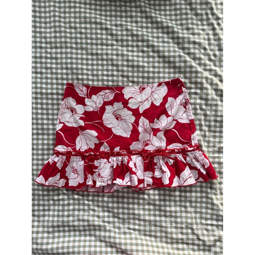 Y2K Red Floral Ruffle Mini Skirt